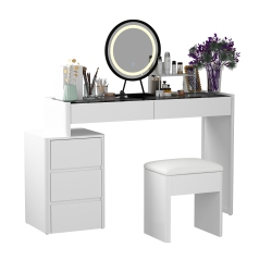 FAMAPY 47.2-In Makeup Vanity Set With Round Led Mirror, Adjustable Tabletop & 5 Drawers, Including Soft Stool In White