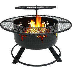 YIVKE 30.5" 3-Tier Outdoor Fire Pit, Top-Rotating Grill, Storage Shelf & Fire Basin \w Poker/grill Net Rotating Gatio, Storage Deck Fire Bowl, Bbq