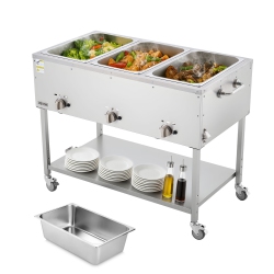 VEVOR 3-Pan Commercial Propane Steam Table, Lp Gas Soup Warmer \w Drain Valve And 3" Wheels, Stainless Steel Food Warmer \w Independent Temp