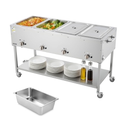 VEVOR 4-Pan Commercial Propane Steam Table, Lp Gas Soup Warmer \w Drain Valve And 3" Wheels, Stainless Steel Food Warmer \w Independent Temp