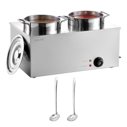 VEVOR 6.34Qt Electric Soup Warmer, Two Stainless Steel Round Pot \w 86~185°F Adjustable Temp, 1200W Commercial Bain Marie Compatible \w Pans, Soup