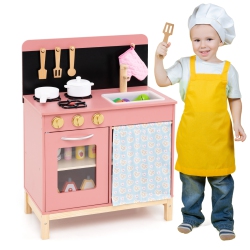 GYMAX Play Kitchen for Kids W/ Door Curtain Stoves Sink & Oven Cookware Accessories