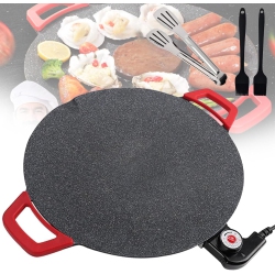 CHSSHA00 Non-Stick Electric Grill Pan, 36Cm 14.2" Extra-Large Griddle \w Adjustable Temperature, Easy to Clean, Korean Bbq Style \w Oil Brush & Clip
