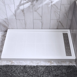 WOODBRIDGE Solid Surface Shower Base With Recessed Trench Side Including Stainless Steel Linear Cover, 48" L X 32" W X 4" H, Right Drain Color