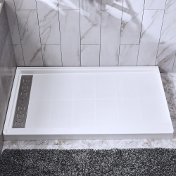 WOODBRIDGE Solid Surface Shower Base With Recessed Trench Side Including Stainless Steel Linear Cover, 60" L X 36" W X 4" H, Left Drain Color