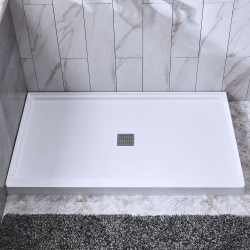 WOODBRIDGE Solid Surface Shower Base With Recessed Trench Side Including Stainless Steel Linear Cover, 48" L X 36" W X4 H, Center Drain Color