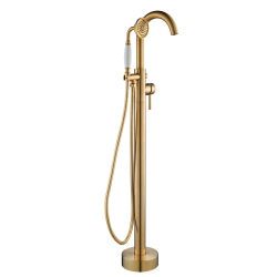 WOODBRIDGE Fusion Single Handle Floor Mount Freestanding Tub Filler Faucet With Telephone Hand Shower In Brushed Finish. In Gold