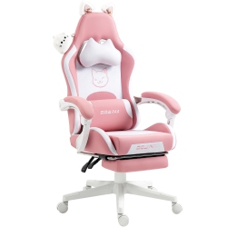 DOWINX Gaming Chair Cute \w Cat Ears And Massage Lumbar Support, Ergonomic Computer Chair for Girl \w Footrest And Headrest, Comfortable Reclining