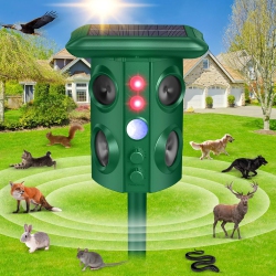 CHSSHA00 Solar-Powered Ultrasonic & Vibration Pest Repeller, Ip65 Waterproof, 4 High-Freq Speakers, Motion & Infrared Sensors, Flash Strobe