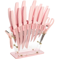 PH Knife Block Set \w Fan Style Clear Acrylic Knife Block, Premium Stainless Steel Blades \w Nonstick Coating, Comfort Grip Handles, 16-Piece Set