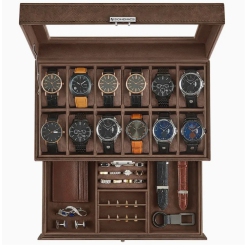 BOLDDECO 12-Slot Watch Box – Lockable Synthetic Leather Watch Case With Glass Lid, 2-Layer Jewelry Organizer for Watches, Jewelry & Small Timepieces