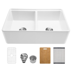 VEVOR 33X20 Inch Farmhouse Sink, White Sink Workstation, Fireclay Undermount Basins, Apron Front Double Bowl Basin \w Multiple Accessories, Large