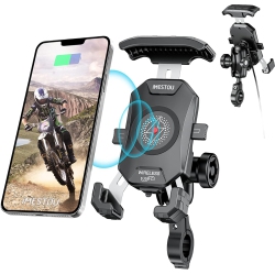 OECECA I Anti-Thief Motorcycle Wireless Phone Mount Charger 15W & USB C 3A Handlebar 1 Ball Stem Phone Holder Works \w 12V/24V Vehicle/USB Socket