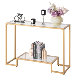 VEVOR 2-Tier Glass Console Table, Modern Rectangle Sofa Side Table \w Tempered Glass Top And Iron Legs, Golden Consloe Desk \w Anti-Tip Device For