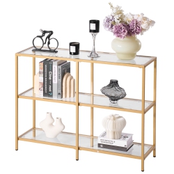 VEVOR 3-Tier Glass Console Table, Modern Rectangle Sofa Side Table \w Tempered Glass Top And Iron Legs, Golden Consloe Desk \w Anti-Tip Device For