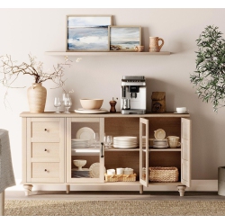 WAMPAT Sideboard Buffet Cabinets \w Glass Door, Kitchen Storage Cabinets, Wood Coffee Bar Tables, Accent Sideboard Storage Cabinet Table Dining