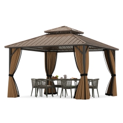 GYMAX 12 X 12 Ft Hardtop Gazebo W/ Netting Heavy-Duty Double-Roof Galvanized Metal Top