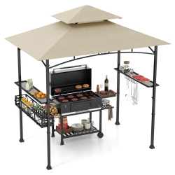 GYMAX 8 X 5 Ft Bbq Grill Gazebo W/ 2 Side Shelves Storage Basket Hanging Hooks Outdoor