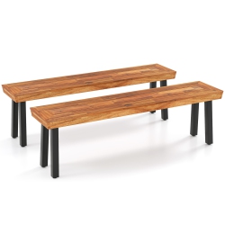 GYMAX Outdoor Acacia Wood Benches Set Of 2 W/ Slatted Top & Flared Metal Legs