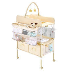 VEVOR 2 Drawers Baby Changing Table, Foldable Diaper Change Station, Side Basket & Hanging Rod, Adjustable Height Changing Table \w Lockable Wheels
