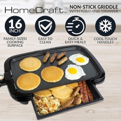 HOMECRAFT Hcgdwd160Bk Large 16X10 Non-Stick Griddle \w Warming Drawer, Adjustable Temperature Control, Cool-Touch Handles, Perfect for Keto &