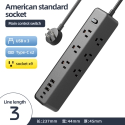 THE WAY 110V American Standard Socket USB Plug Board Wiring Board Us-Mexico Power Converter Multi-Hole Socket-Nn-27 [3 Meters] 9 Holes In Black