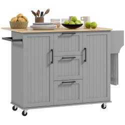 HOMCOM Kitchen Island With Drop Leaf, Rolling Kitchen Cart On Wheels With 3 Drawers, 2 Cabinets, Natural Wood Top, Spice Rack And Towel Rack In Grey
