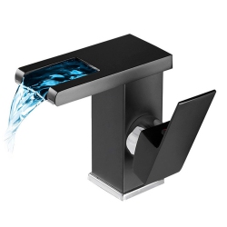 MYACUC Led Bathroom Sink Faucet, Alloy Single Hole Handle Vanity Faucets for Sinks 1 Hole \w 2 Water Supply Lines, Temp Color Changing Waterfall Bowl