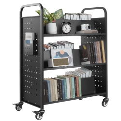 VEVOR 330 Lbs Capacity Rolling Library Book Cart, 38.2 X 20.3 X 48.2-Inch Library Cart, Double Sided W-Shaped Shelves \w 3-Inch Lockable Wheels, Book