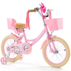 VEVOR 16 Inches Kids Bike, Princess Style Children Bicycle \w Streamers & Basket, Rider Height 3.28 Ft - 4.27 Ft, Doll Seat & Training Wheels