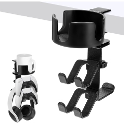 MYACUC Desk Mount Cup Holder And 360 Degree Rotating Headphone Stand With Handle Dual Gamepad Headset Stand Gaming Desk Accessories