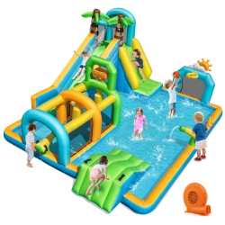 COSTWAY Inflatable Water Park With Climbing Wall Basketball Rim Target Game & 750W Blower