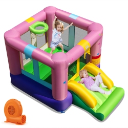 COSTWAY Inflatable Bounce House Bouncy Castle With Slide & Basketball Rim 520W Blower