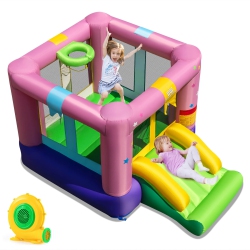 COSTWAY Inflatable Bounce House Bouncy Castle With Slide & Basketball Rim 480W Blower