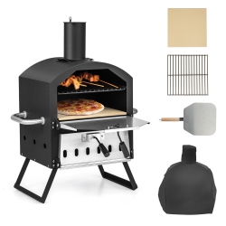 GYMAX 2-Layer Outdoor Wood Fired Pizza Oven W/ Anti-Scalding Handles & Waterproof Cover