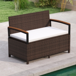 GYMAX Outdoor Storage Bench W/cushion Backrest & Acacia Wood Armrests Hidden Storage