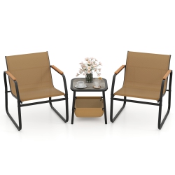 GYMAX 3-Piece Bistro Set Patio Chairs & Side Table W/ Storage Basket Breathable Mesh Fabric