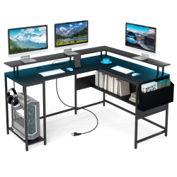 GYMAX L-Shaped Gaming Desk W/ Led Lights & Power Outlets Monitor Stand Fabric Bag