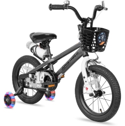 JOYSTAR Pluto 12 Inch Kids Bike With Light Up Training Wheels, Kids' Bicycle for Boys Girls Age 2-7 Years, Children Bikes In Charcoal