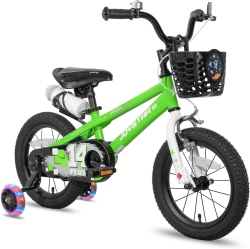 JOYSTAR Pluto 12 Inch Kids Bike With Light Up Training Wheels, Kids' Bicycle for Boys Girls Age 2-7 Years, Children Bikes In Green