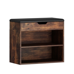 FAMAPY 2-Tier Wood Shoe Storage Bench \w Padded Seat & Adjustable Shelves – Multi-Functional Storage for Shoes, Accessories, And More (24" W X 12