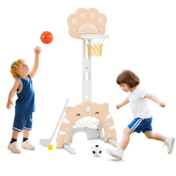 GYMAX 3 In 1 Kids Basketball Hoop W/ Basketball Soccer & Golf Game Adjustable Height