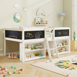 SLICKBLUE Kids’ Low Loft Bed With Chalkboard Ramp Ladder And Bookcase Storage