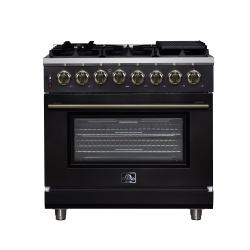 FORNO Massimo 36 Inch Freestanding Dual Fuel Range In With Antique Brass Accessories, 6 Burners, 5.36 Cu. Ft. Convection Oven In Black