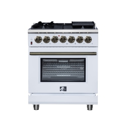 FORNO Massimo 30 Inch Freestanding Dual Fuel Range In With Antique Brass Accessories, 4 Burners, 4.32 Cu. Ft. Convection Oven In White