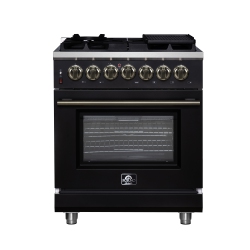 FORNO Massimo 30 Inch Freestanding Dual Fuel Range In With Antique Brass Accessories, 4 Burners, 4.32 Cu. Ft. Convection Oven In Black