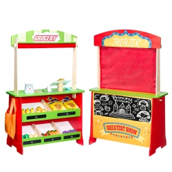 VEVOR 2-In-1 Wooden Puppet Theater \w Curtains, Reversible Play Store, Double-Sided Grocery Store Playset \w Chalkboard & Cash Register, Kids