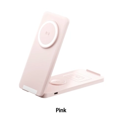 THE WAY All-In-One Foldable Vertical Stand Wireless Magnetic Charger for Mobile Phones, Watches, And Apple Earphones - In Pink