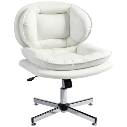 HOMCOM Criss Cross Office Chair No Wheels, Armless Task Desk Chair With Wide Seat, Leathaire, Adjustable Height, Tilting, Double-Tier Padding, White
