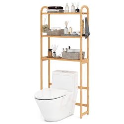 GYMAX Bamboo Over The Toilet Storage Shelf W/3-Tier Open Shelf Adjustable Shelves